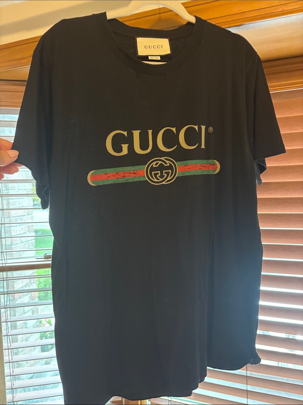 Gucci Black Tee with Gold Logo and Green-Red Stripe